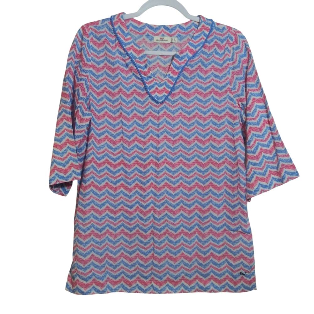 Vineyard Vines Whale Tail Shirt Top Tee Cotton Lightweight Pom Pom Trim Size L